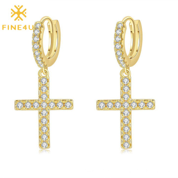 High Polish PVD Gold Plated Aretes Para Hombre Cubic Zirconia Brass Drop Cross Earrings